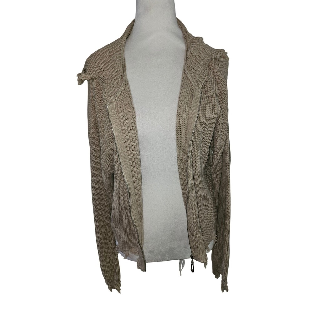 Hooked Up Distressed Knit Zip Up Hoodie Womens Large Tan Frayed Ribbed Cardigan